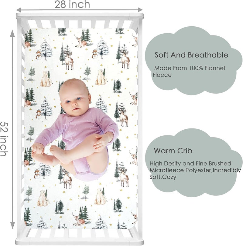 AMROSE 2 Pack Microfleece Crib Sheets, 28'' X 52'' Flannel Fleece Crib Fitted Sheets for Crib and Toddler Mattress Pad, Soft Comfy Warm Crib Sheets for Boys Girls, Winter Woodland - Image 2